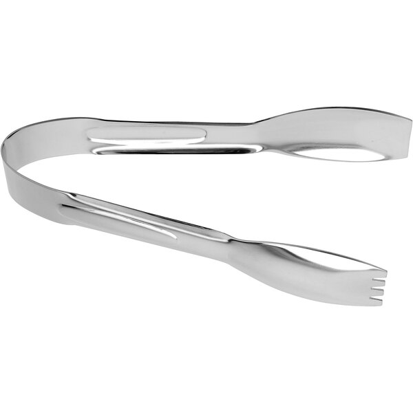 A pair of silver salad tongs with a white background.