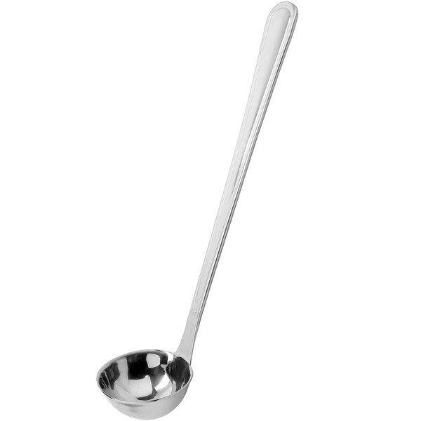 A silver ladle with a long handle.