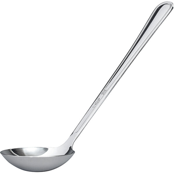 A stainless steel ladle with a long silver handle and a bowl with a mirror finish.