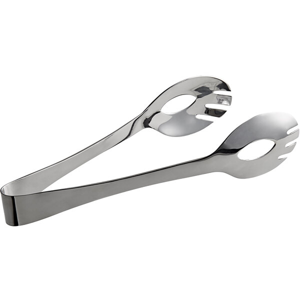 Two stainless steel tongs with mirror finish and holes in the handles.