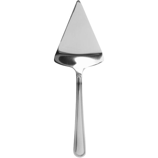 A stainless steel cake server with a triangular shaped handle.