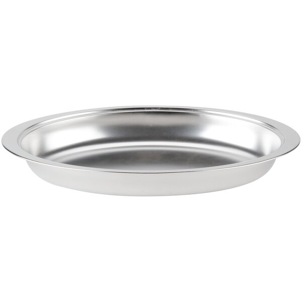A silver stainless steel oval food pan with a rim and handles.