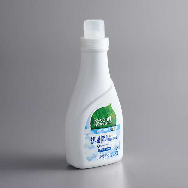 A white bottle of Seventh Generation Free & Clear Liquid Fabric Softener with a green label.