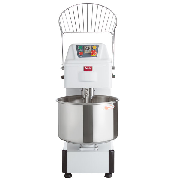 An Estella two-speed spiral dough mixer with a large white bowl on top.