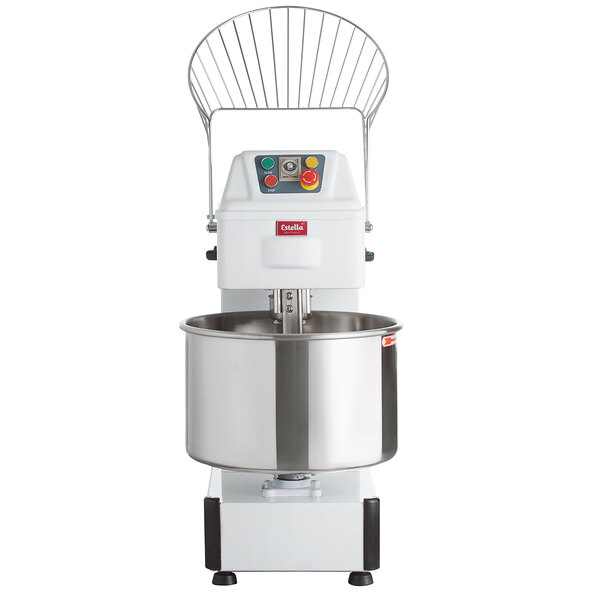 An Estella 40 qt. spiral dough mixer on a metal stand with a metal bowl.