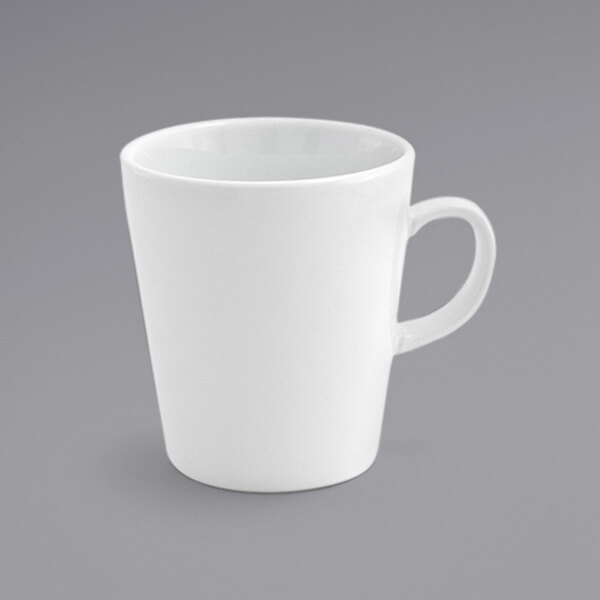 A white Front of the House Soho porcelain mug with a handle.