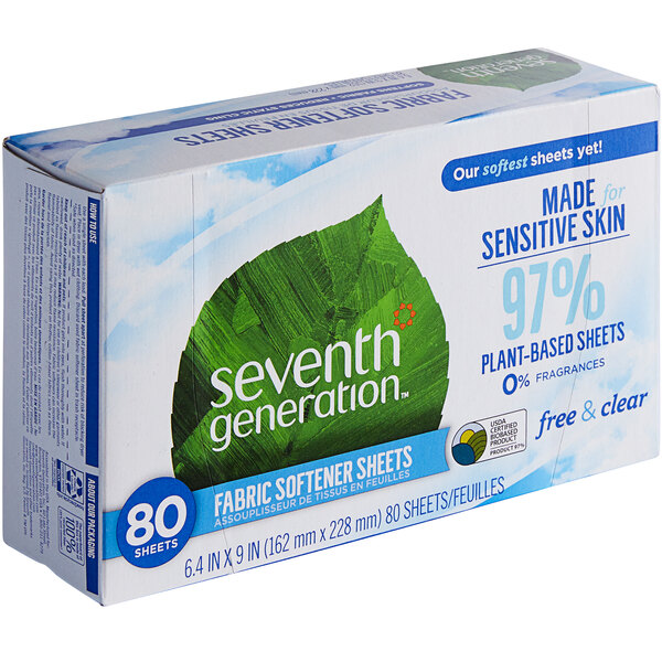 A box of Seventh Generation Free & Clear Fabric Softener Sheets with a white and green label.