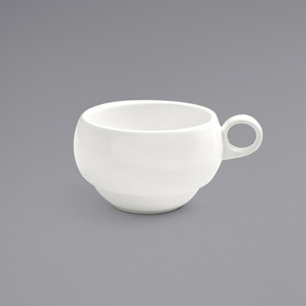 A Front of the House European white porcelain cup with a handle.