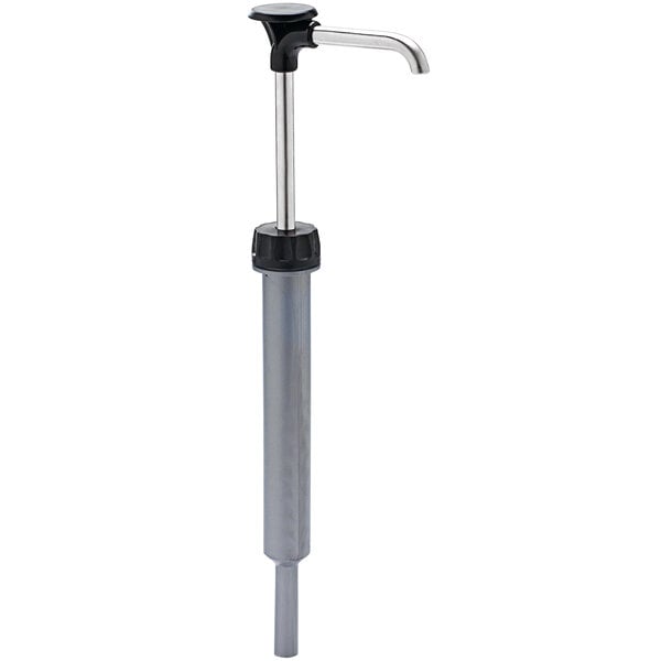 A stainless steel condiment pump with a metal handle.