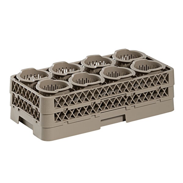 A beige plastic half-size flatware rack with 8 cylinder compartments.