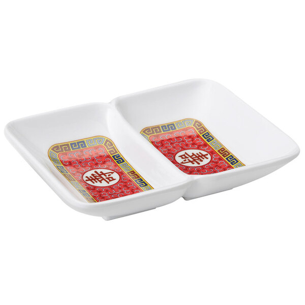 GET 037L Dynasty Longevity 1 oz. Two Compartment Sauce Dish 4" x 3