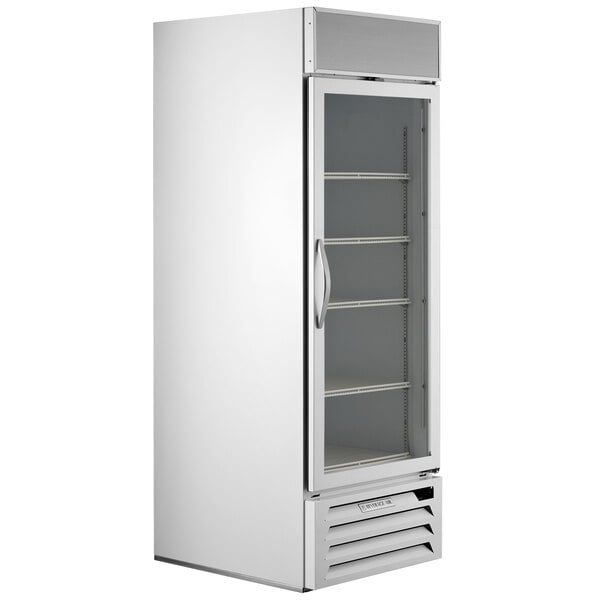 A white Beverage-Air glass door merchandiser with a stainless steel interior.