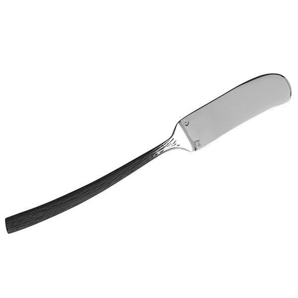 A silver butter knife with a black handle.