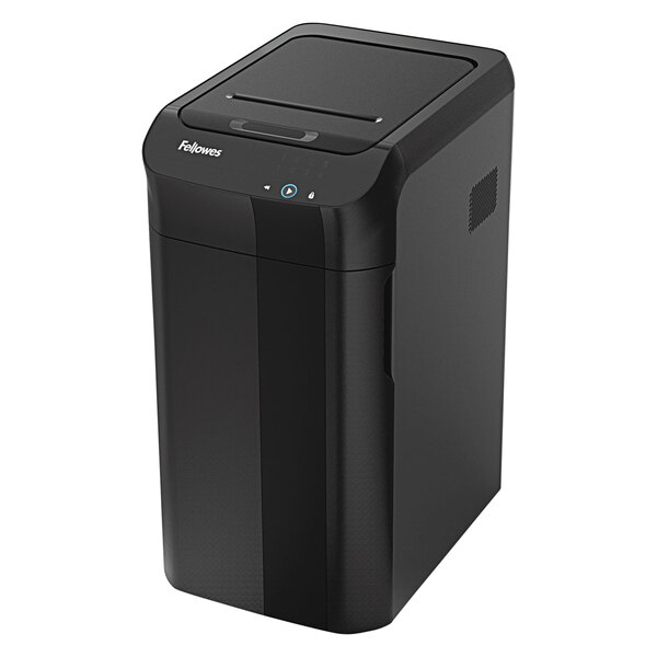 A black rectangular Fellowes AutoMax 350C shredder with a lid and a button on top.