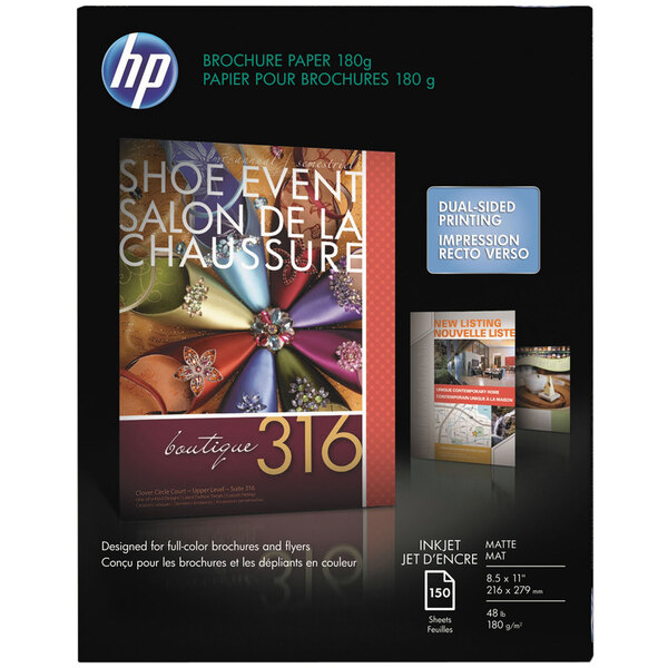 A box of HP Inc. Bright White Matte Brochure Paper with text and images on the front.