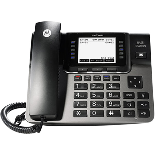 A black Motorola Unison corded phone with a white display screen.