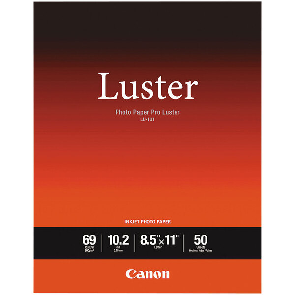A pack of 50 Canon luster white photo paper sheets.