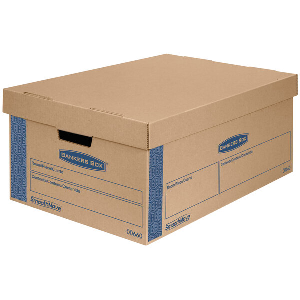 Banker's Box 0066001 SmoothMove Prime 24" x 15" x 10" Kraft Brown / Blue Large Moving and Storing Box   - 8/Case