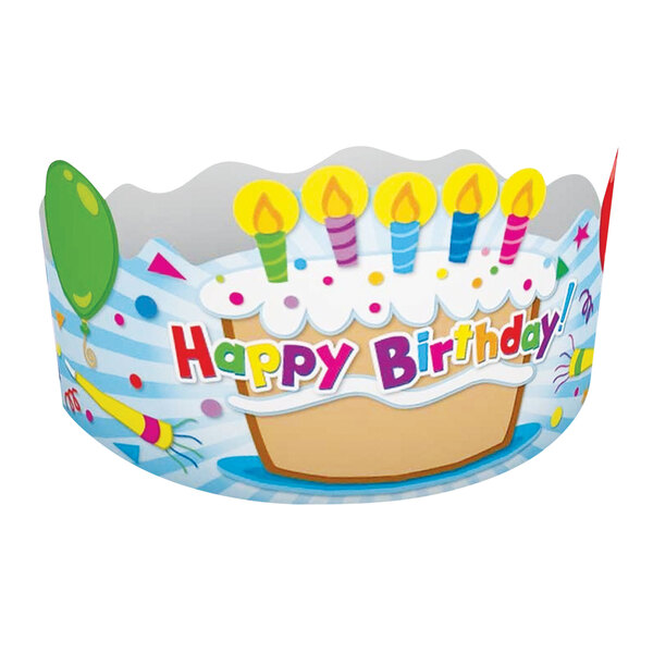 A white paper birthday crown with a cake and candles on it.