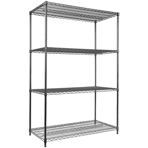 A black metal Alera wire shelving unit with four shelves.