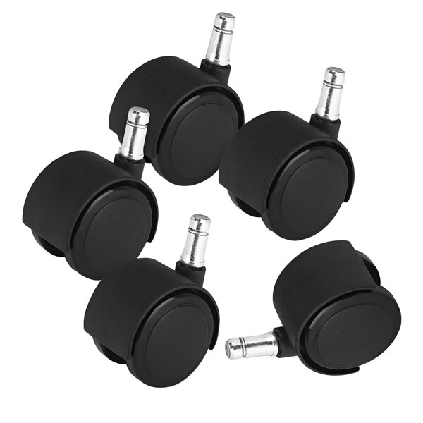 A set of four Master Caster black polyurethane wheels with chrome caps.