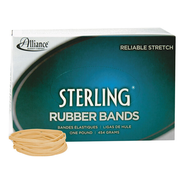 A box of Alliance Sterling rubber bands with white text.