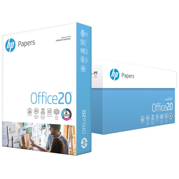 A white box with blue and white text that reads "HP Inc. 112101 8 1/2" x 11" White Case of 20# Office Paper"