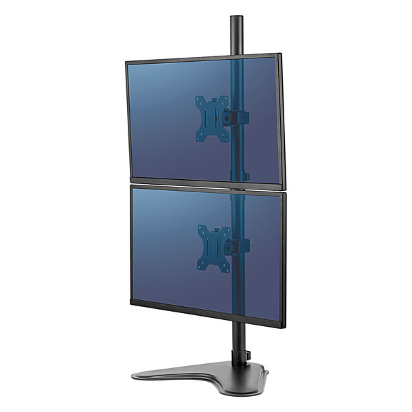 A Fellowes black vertical dual monitor arm holding two computer screens.