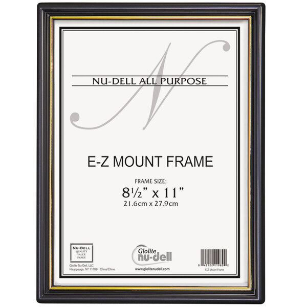 A black frame with gold trim.