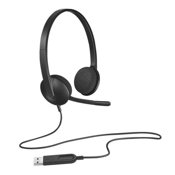 A black Logitech USB corded headset with a microphone.