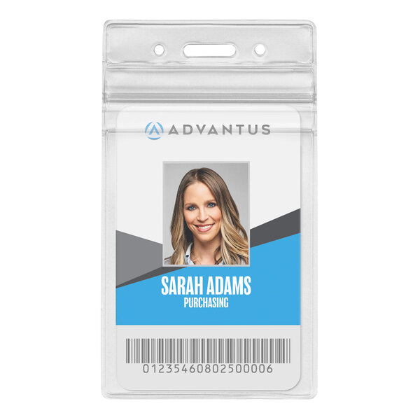A clear plastic Advantus vertical ID badge holder with a business card inside.