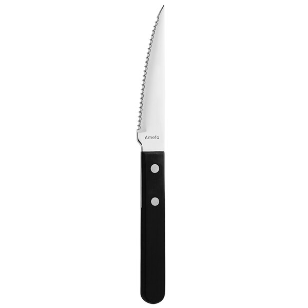 Amefa 700000B000315 8 5/16" High Carbon Stainless Steel Serrated Edge Steak / Pizza Knife with Black Plastic Handle - 12/Case