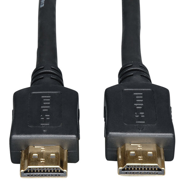 A close-up of a Tripp Lite black HDMI cable plug with gold connectors.