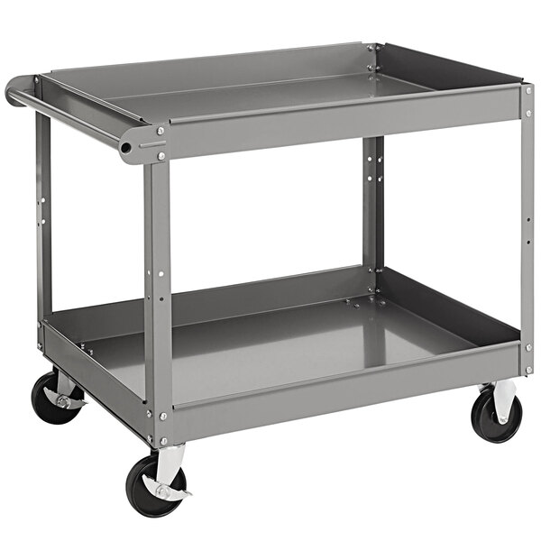 A gray Tennsco metal utility cart with two shelves and black wheels.