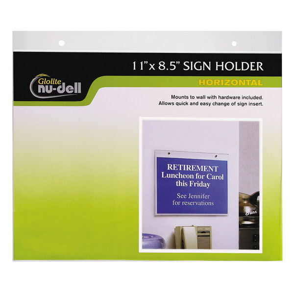A NuDell clear plastic wall mount sign holder with a blue sign.