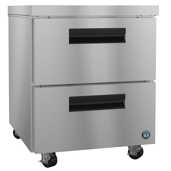 A stainless steel Hoshizaki undercounter freezer with two silver drawers.