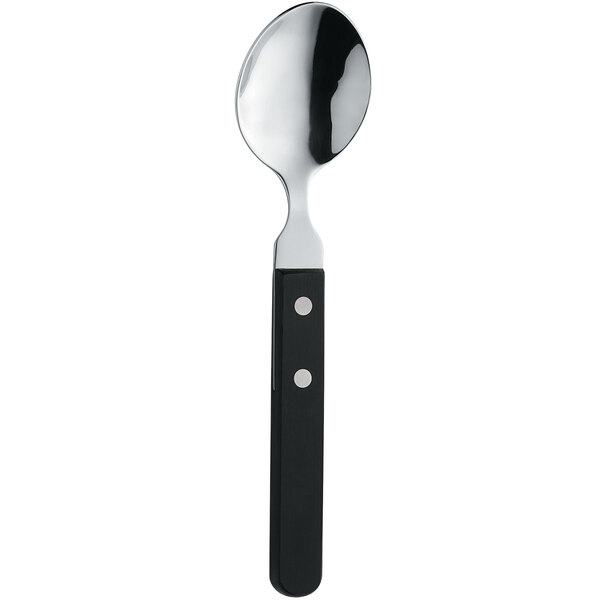 Amefa 700000B000345 7 11/16" 18/0 Stainless Steel Dinner / Dessert Spoon with Black Plastic Handle - 12/Case