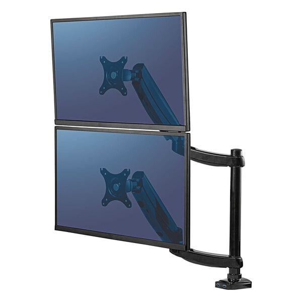 A pair of computer monitors on a black Fellowes monitor arm.
