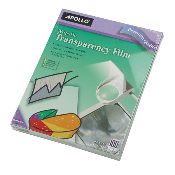 A box of Apollo Write-On Transparency Film on a white background.