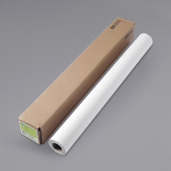 A roll of HP Inc. white matte film paper next to a box.