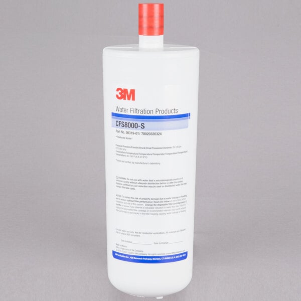A white container of 3M Water Filtration Products CFS8000-S scale inhibition cartridge with a red cap and label.