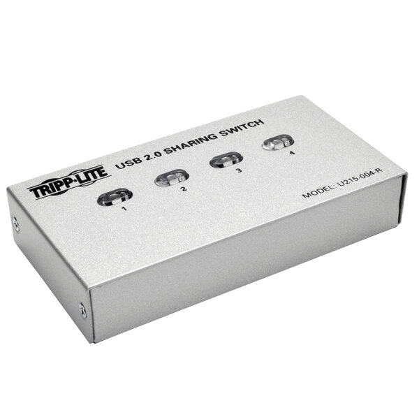 A silver Tripp Lite box with buttons for a 4-Port USB 2.0 Printer / Peripheral Sharing Switch.