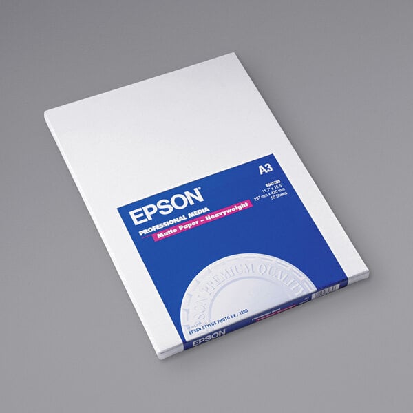 A package of white Epson premium matte presentation paper with a white and blue cover.