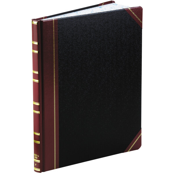A black and red Boorum & Pease record ruled notebook.