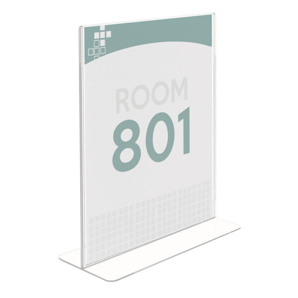 A white rectangular Deflecto sign holder with room 801 on it.