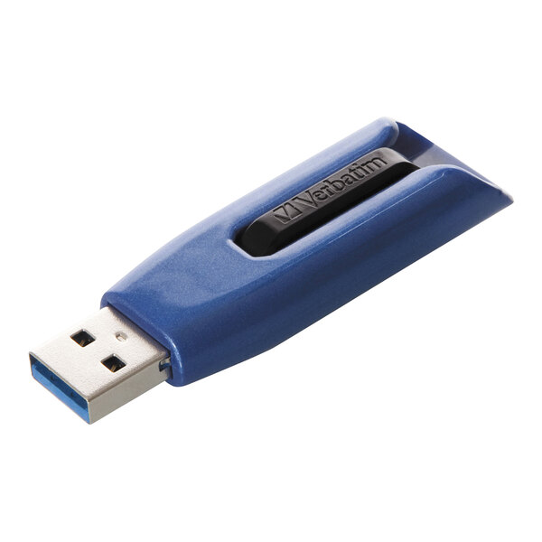 A close-up of a blue Verbatim Store 'n' Go V3 USB flash drive with a black connector.