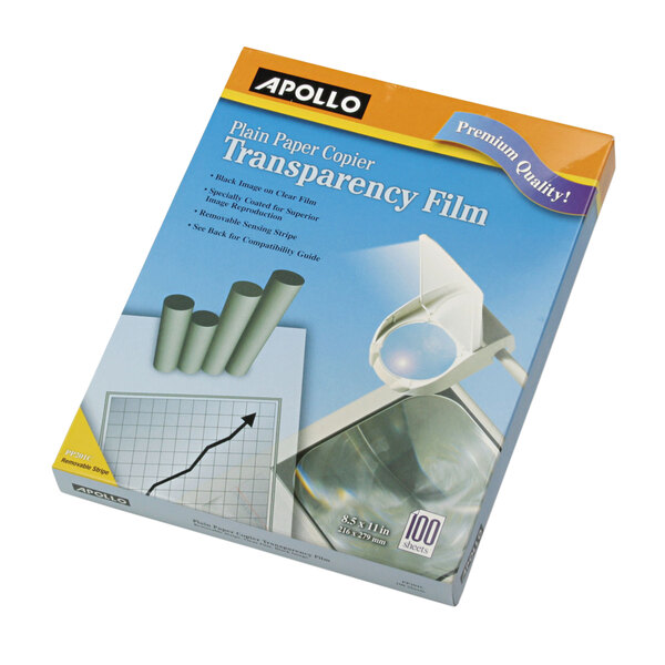 A box of Apollo plain paper laser transparency film with a white background.