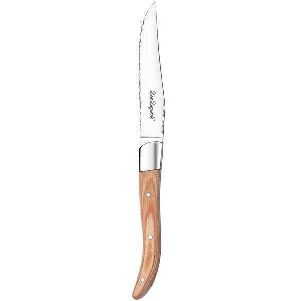 A Lou Laguiole steak knife with a light wood handle.