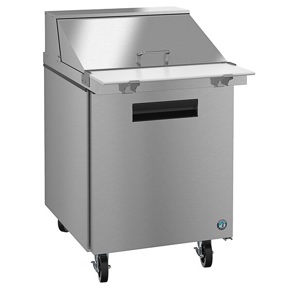 A Hoshizaki stainless steel refrigerated sandwich prep table with a door.