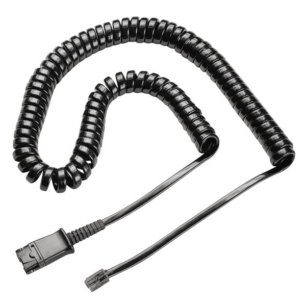 A black coiled Plantronics telephone cord.
